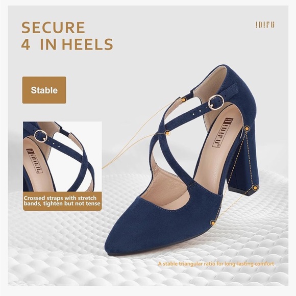 NWOT Chunky HERLS IDIFU 4in Chunky High Heels Pumps Closed Toe Block Strappy - Picture 15 of 15